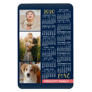 2020 Calendar Navy Coral Gold Family Photo Collage Magnet