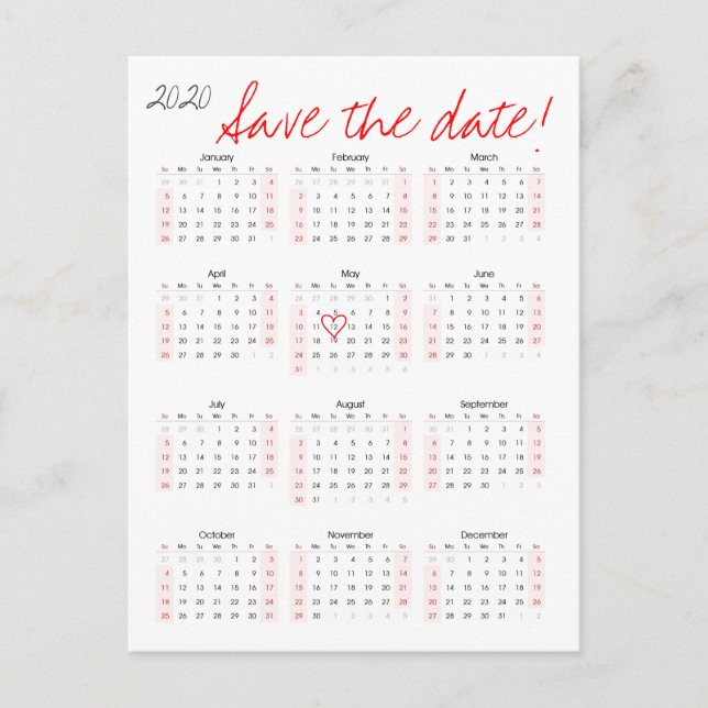 2020 Calendar Save the Date Heart Announcement Postcard (Front)