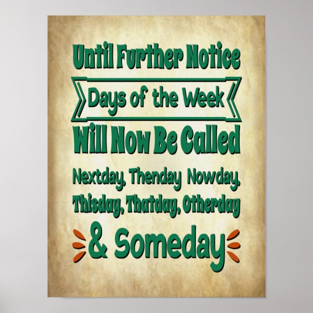 2020 Days of the Week Funny Lockdown Quarantine Poster (Front)