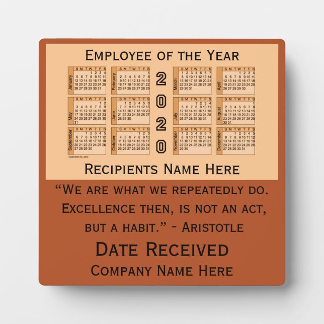 2020 Employee of the Year Desk Calendar by Janz Plaque (Front)