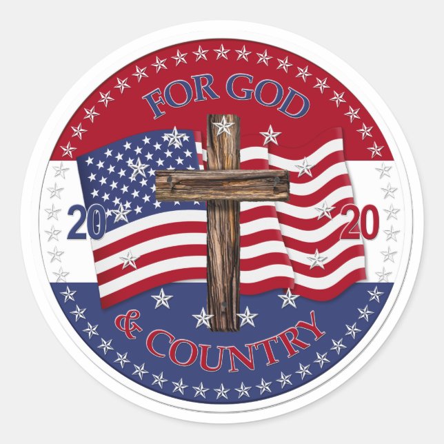2020 For God and Country Cross And American Flag Classic Round Sticker (Front)