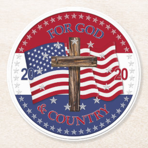 2020 For God and Country Cross And American Flag Round Paper Coaster