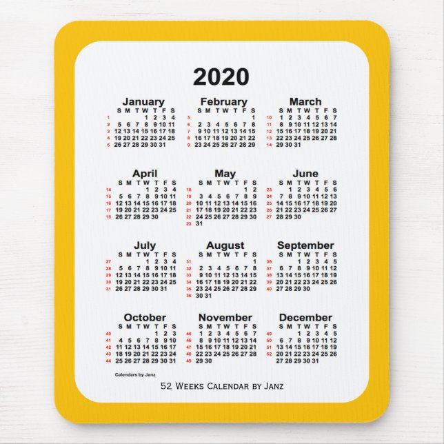 2020 Gold Two Tone 52 Week Calendar by Janz Mouse Pad (Front)