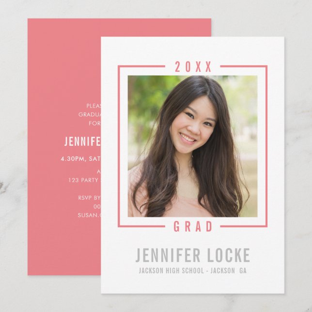 2020 GRAD INVITE photo frame chic modern coral (Front/Back)