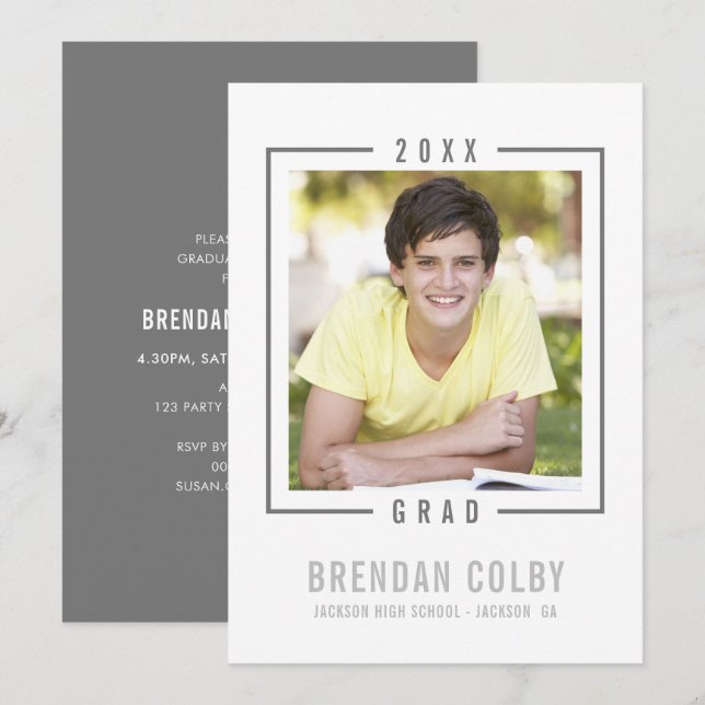 2020 GRAD INVITE photo frame modern charcoal grey (Front/Back)