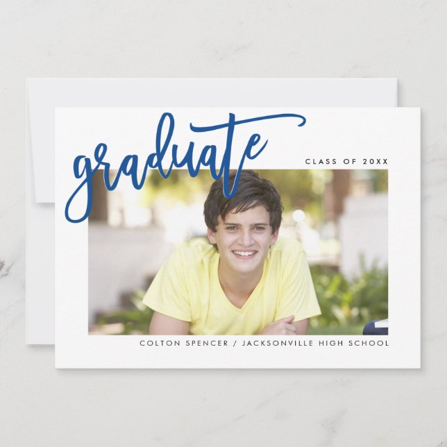 2020 GRADUATE modern lettered overlay royal blue Thank You Card (Front)