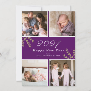 2020 Happy New Year   Purple Photo Collage Holiday Card