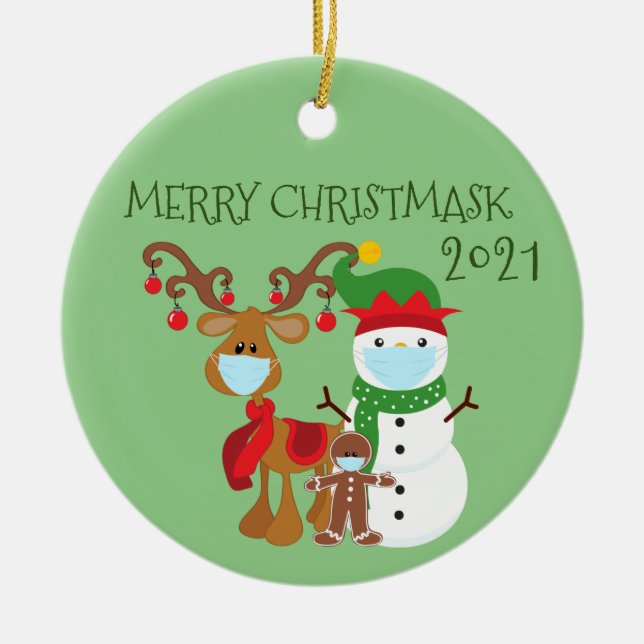 2020 Merry Christmask Reindeer Quarantine Ceramic Ornament (Front)