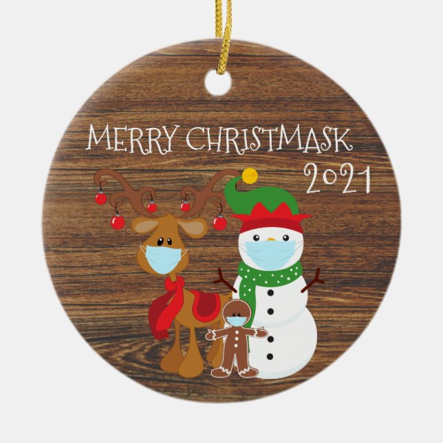 2020 Merry Christmask Reindeer Quarantine wood Ceramic Ornament (Front)