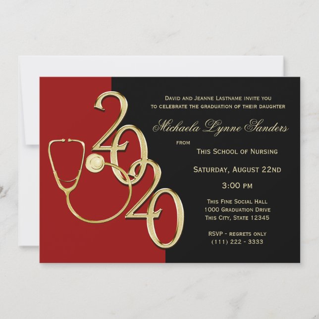 2020 Nursing Medical Field Graduation Red Gold Invitation (Front)
