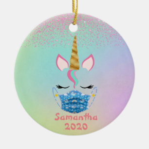2020 Personalised Unicorn Face Mask Rainbow Ceramic Ornament