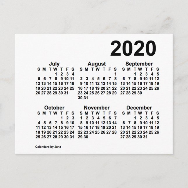 2020 White 6 Month Mini Calendar by Janz Postcard (Front)