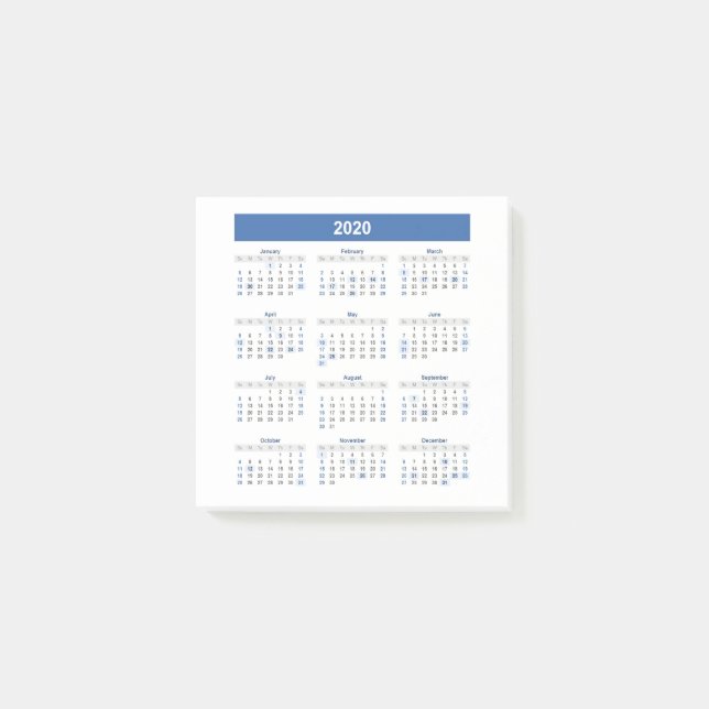 2020 Year Calendar Post-it Notes (Front)