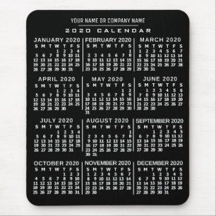 2020 Year Monthly Calendar Black White Custom Name Mouse Pad