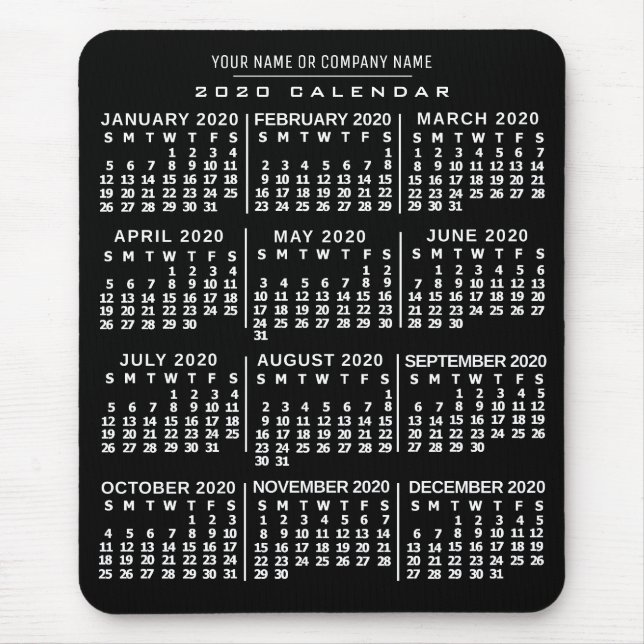 2020 Year Monthly Calendar Black White Custom Name Mouse Pad (Front)