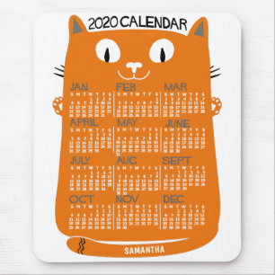 2020 Year Monthly Calendar Mid-Century Orange Cat Mouse Pad