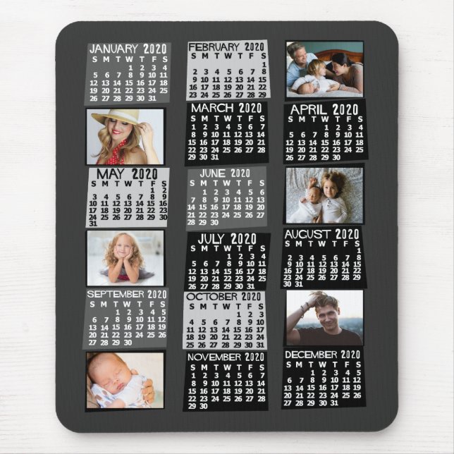 2020 Year Monthly Calendar Mod Black Photo Collage Mouse Pad (Front)