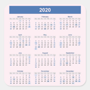 2020 Yearly Calendar on Pale Pink Square Sticker