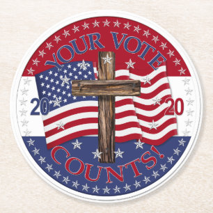 2020 Your Vote Counts Cross And American Flag Round Paper Coaster