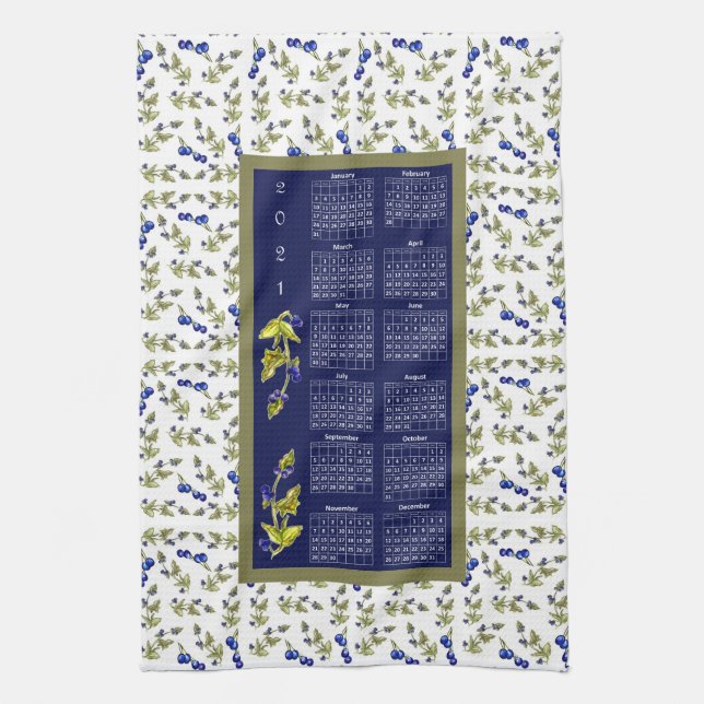 2021 Calendar Blueberries Stemmed Leaves Border Tea Towel (Vertical)
