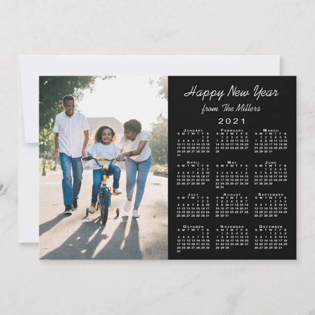2021 Calendar Modern Black 2 Photo Happy New Year Holiday Card (Front)