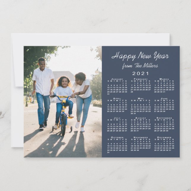 2021 Calendar Modern Navy 2 Photo Happy New Year Holiday Card (Front)