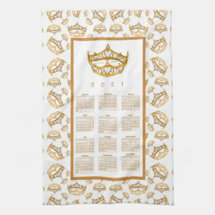 2021 Calendar Queen Hearts Gold Crown Tiara Border Tea Towel