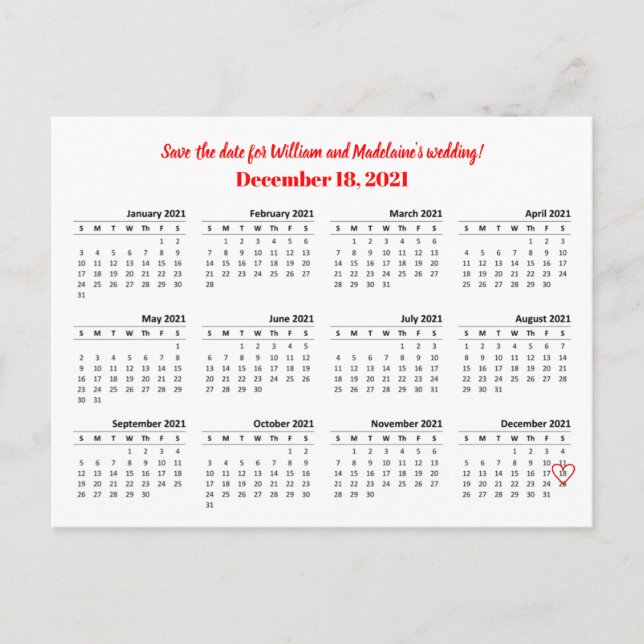 2021 Calendar Save the Date Heart Announcement Postcard (Front)