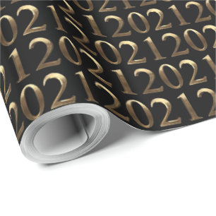 2021 Elegant Faux Golden Numbers Pattern Black Wrapping Paper