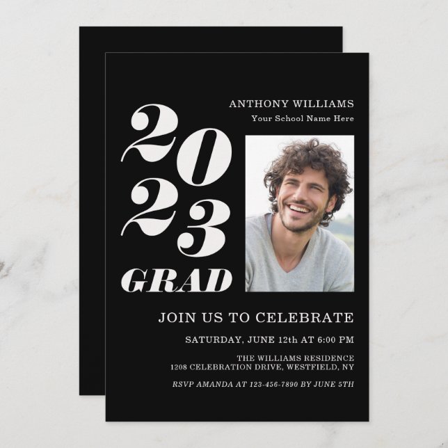 2021 Grad Party Bold Text on Black with Your Photo Invitation (Front/Back)