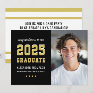 2021 Graduate Black Gold Graduation Party Photo Invitation