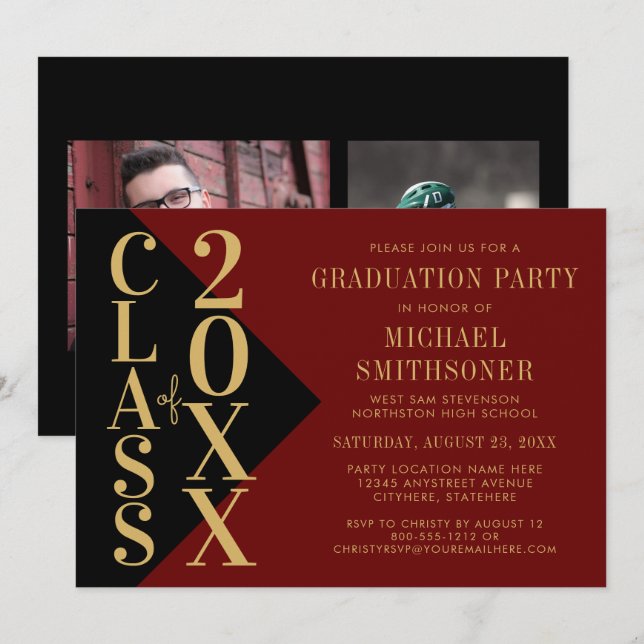 2021 Graduation Black Red Modern Editable Colour Invitation (Front/Back)