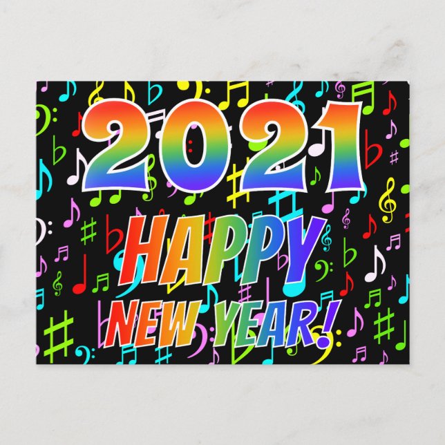 2021 HAPPY NEW YEAR!, Colourful Music Notes Patter Postcard (Front)