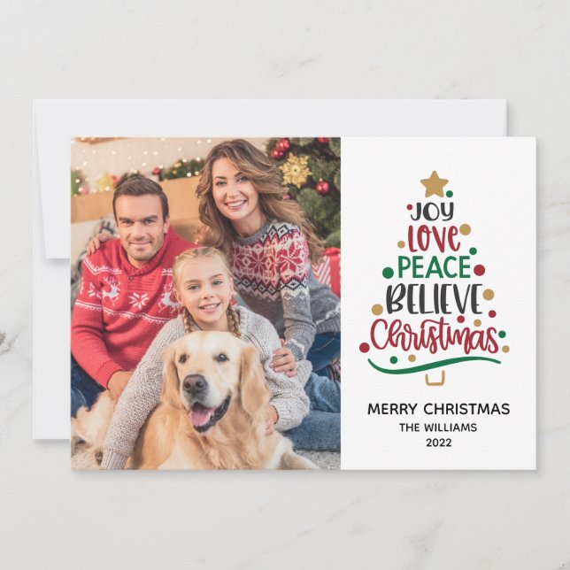 2021 Joy Love Peace Believe Christmas One Photo Holiday Card (Front)