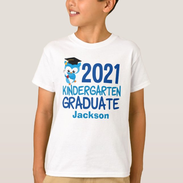 2021 Kindergarten Graduation Cute Blue Owl Kids T-Shirt (Front)