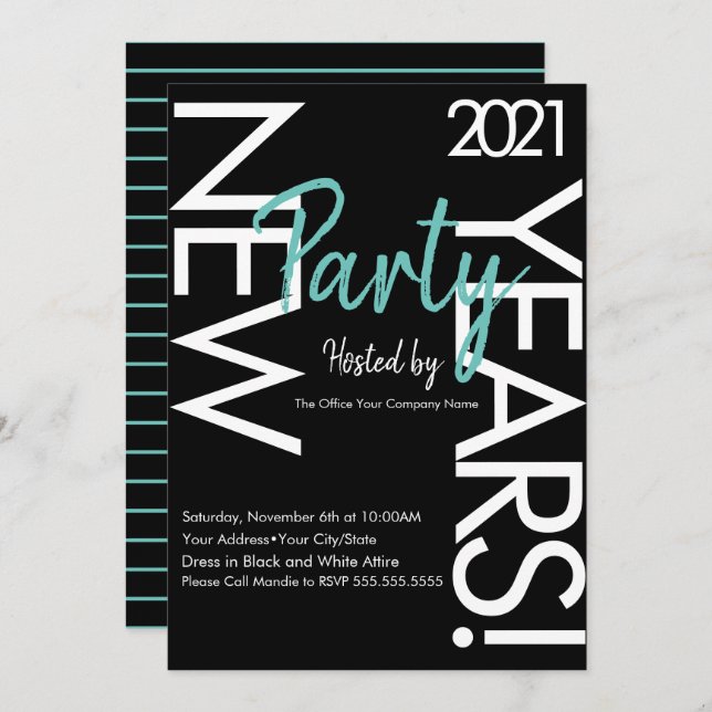 2021 New Years White Teal Typography Company Event Invitation (Front/Back)