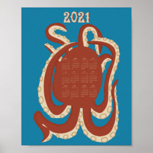 2021 Octopus Red and Blue Calendar Poster