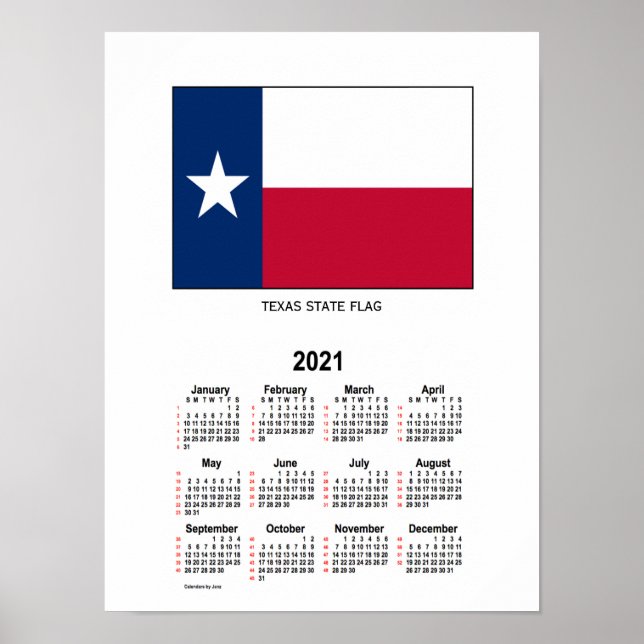 2021 Texas State Flag 52 Weeks Calendar by Janz Poster (Front)