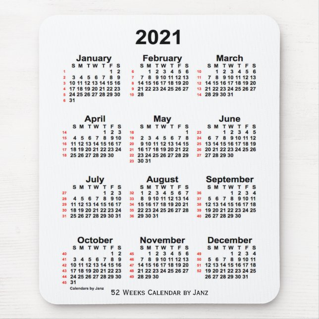 2021 White 52 Week Calendar by Janz Mouse Pad (Front)
