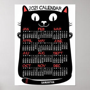 2021 Year Monthly Calendar Mid-Century Black Cat Poster