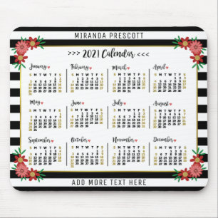2021 Year Monthly Calendar   Preppy Floral Stripes Mouse Pad