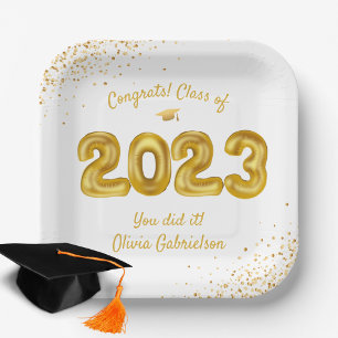 2022 Balloons,  White and Gold Graduation Party Paper Plate
