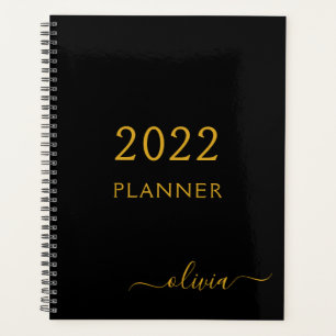 2022 Black Gold Girly Script Monogram Name Modern Planner