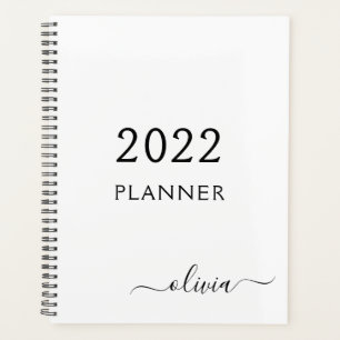 2022 Black White Girly Script Monogram Name Modern Planner