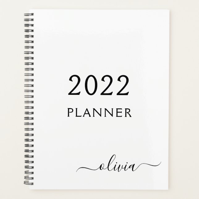 2022 Black White Girly Script Monogram Name Modern Planner (Front)