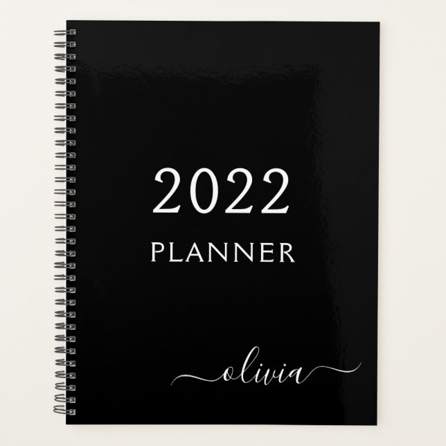 2022 Black White Girly Script Monogram Name Modern Planner (Front)