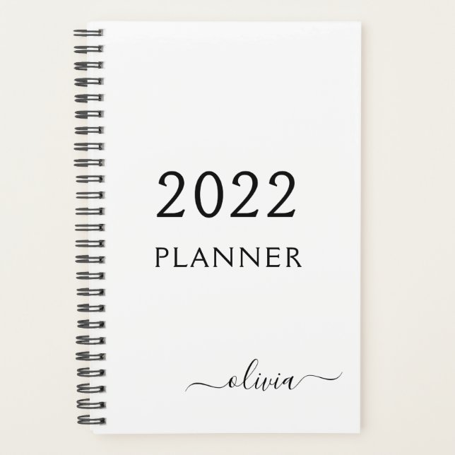 2022 Black White Girly Script Monogram Name Modern Planner (Front)