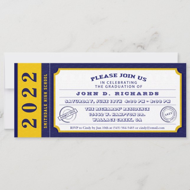 2022 Blue Gold Ticket Graduation Party Invitation (Front)