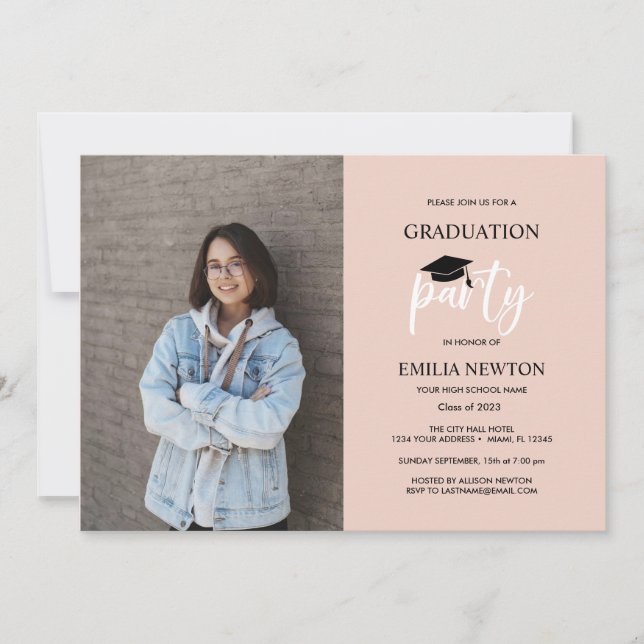  2022 Blush Black  Photo Graduation Party  Invitation (Front)