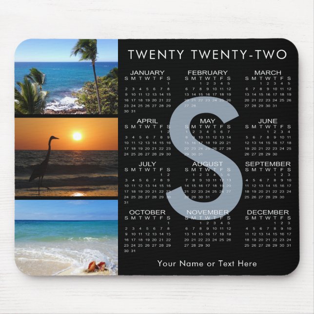 2022 Calendar 3 Photo Collage Monogram Black Mouse Pad (Front)